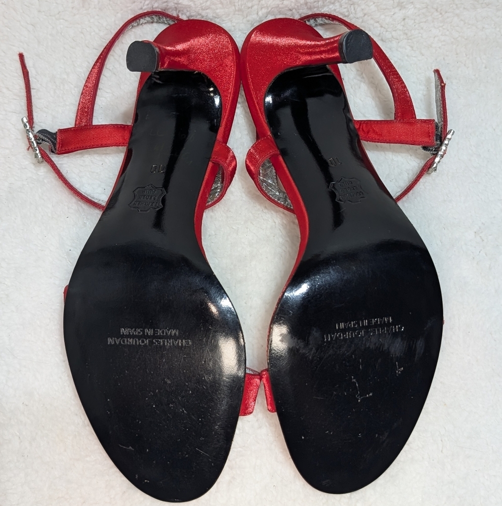 Charles Jourdan Paris Scarlet Red Satin Heels Rhinestone Square Buckle Womens 10 - Picture 8 of 12